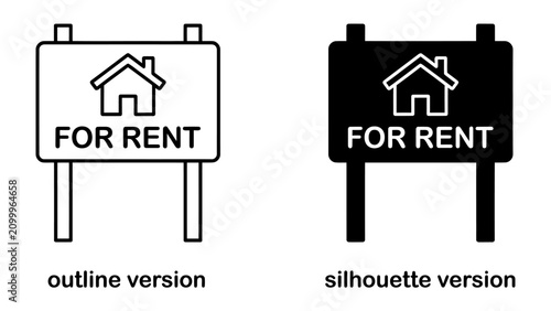 Canvastavla For Rent Sign, Outline and Silhouette: Two signs display FOR RENT with a house icon, one as an outline and the other as a silhouette, representing rental property opportunities