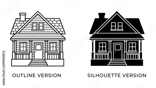 Photos Two Versions of a House: An illustration showcasing a quaint cottage presented in both outline and silhouette formats, highlighting architectural details and contrasting styles