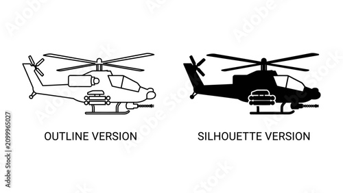 Quadro em tela Helicopter Outline and Silhouette: Two distinct representations of a helicopter, one as a detailed outline and the other as a solid black silhouette, showcasing its design from a side profile