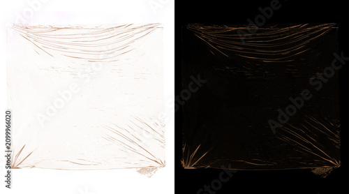 Foto Transparent plastic wrap texture on white and black background, wrinkled celloph