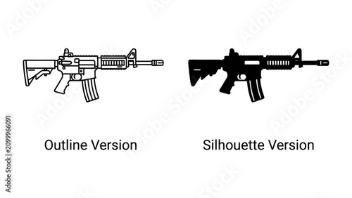 Obraz na plátne Assault Rifle Outline and Silhouette: A graphic representation showing an assault rifle in both an outline and silhouette style, perfect for illustrating weapon design or tactical concepts