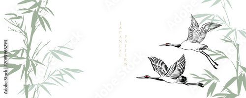 Cuadro en lienzo set of vector illustration of Bamboo leaves branch and crane birds card design with Chinese painting in traditional style