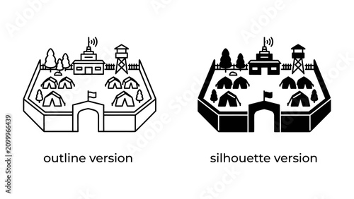 Vászonkép Fortress Camp and Military Outpost Illustration: Two isometric illustrations, one in outline and one in silhouette, depict a fortified military camp or outpost with tents, buildings, watchtowers