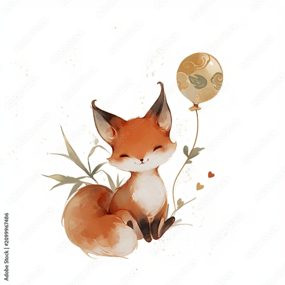 Fototapeta premium Cute fox with a patterned balloon in watercolor style. Charming woodland animal illustration for children nursery art, kids greeting card, sticker design, and decorative print.