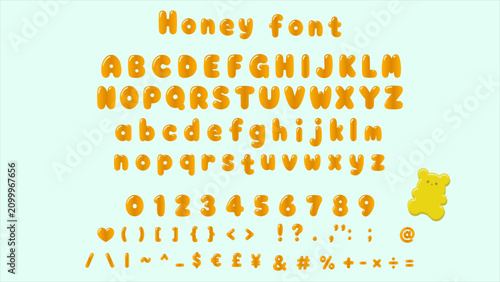 Glossy honey alphabet set with letters, numbers and symbols, cute orange bubble lettering with gummy bear, sweet cartoon style vector