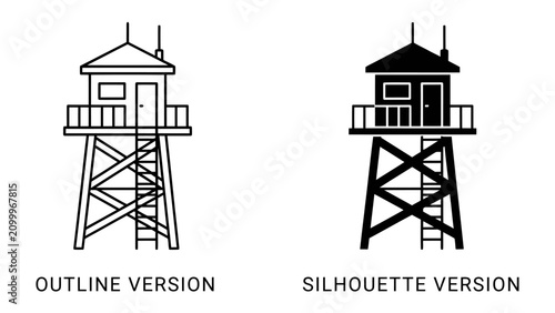 Foto Fire Lookout Tower: Two contrasting representations of a fire lookout tower, one as a detailed outline and the other as a bold silhouette, showcasing its architectural design
