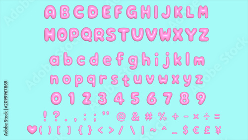 Pink inflated balloon alphabet with letters, numbers and symbols, glossy 3D bubble lettering set, y2k style vector illustration