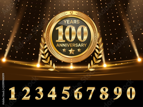 Foto 100 Years Anniversary Gold Badge with Luxury Golden Numbers, Laurel Wreath, Stag