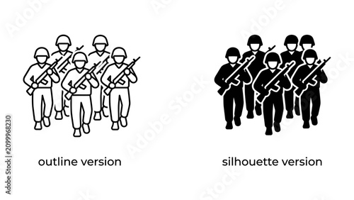Фотография Soldiers in formation, outline and silhouette: A group of soldiers in uniform carrying rifles, presented in both an outline and a silhouette version, symbolizing unity and force