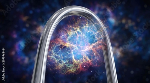 Majestic archway into galaxies concept. Futuristic portal connecting to a vibrant cosmic scene.