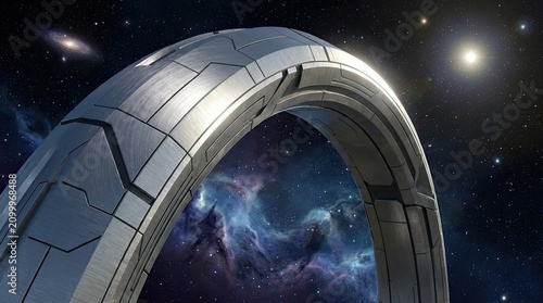 Majestic archway into galaxies concept. Futuristic portal in space with cosmic background and stars.