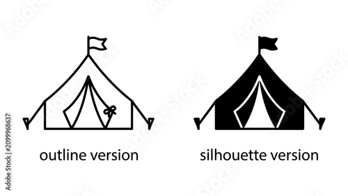 Foto Camping Tent Icons: Two simple graphic representations of a camping tent, one in outline and the other as a silhouette, both featuring a small flag at the apex