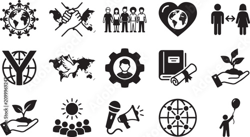 Картината върху платно Global youth unity icons set for community and peace