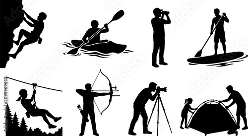 Cuadro en lienzo Outdoor activity silhouettes depicting rock climbing kayaking and archery agains