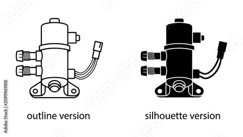 Foto Solenoid Valve Icons: A set of two solenoid valve icons, one in outline and one in silhouette, presented for technical illustration or design purposes