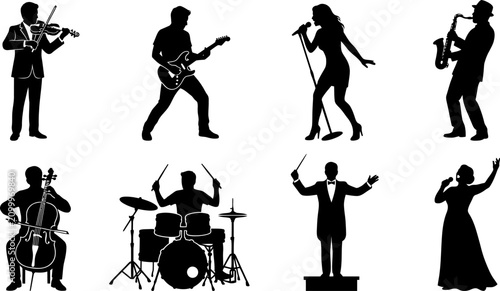 Canvastavla Musicians silhouettes collection on a white background depicting various instrum