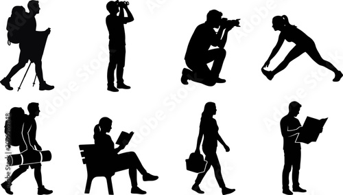 Cuadro en lienzo Human silhouettes depicting outdoor activities against a white background activi