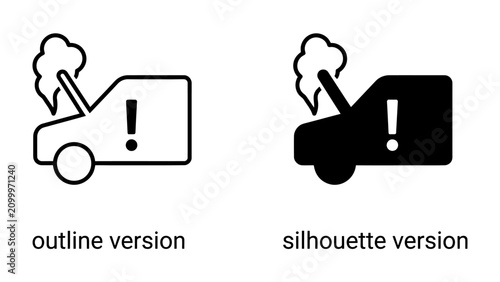 Fotografie Car Trouble Icons: Two stylized icons depicting a car with its hood open, steam rising, and an exclamation mark, indicating car trouble or a breakdown