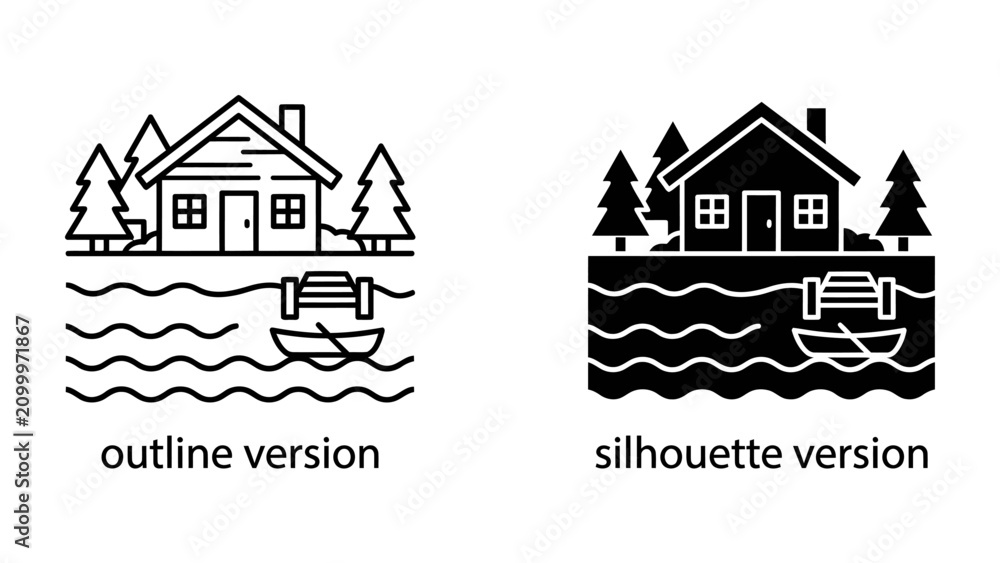 Fototapeta premium Cabin by the Lake: An illustration depicting a cozy cabin nestled amongst pine trees on the shore of a serene lake, with a small rowboat docked nearby. Represents a peaceful retreat into nature.