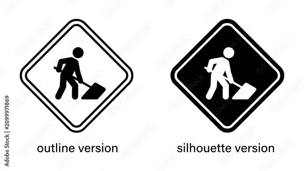 Fototapeta premium Work in Progress Sign Icon: A clear and concise representation of a work in progress sign, available in both outline and silhouette versions.
