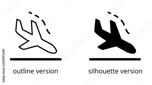 Foto Airplane Landing Icons: A set of two icons depicting an airplane descending for a landing, one in outline style and the other as a solid silhouette, representing travel and aviation