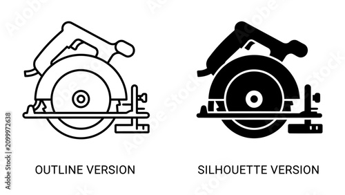 Foto Circular Saw Outline and Silhouette: Two distinct representations of a circular saw, one as a clear outline and the other as a solid silhouette, showcasing the tool's design and form
