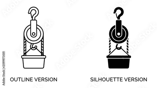 Schilderij op canvas Pulley System Illustration: A clear illustration showcasing two pulley systems, one as an outline and the other as a solid silhouette, demonstrating the mechanics of lifting a load
