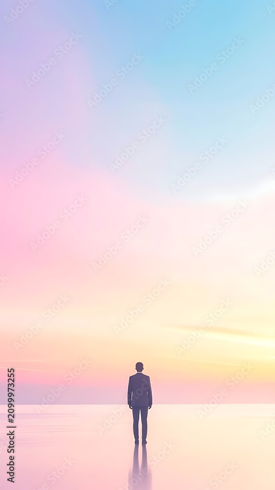 Fototapeta premium Man standing alone on beach sunset.
