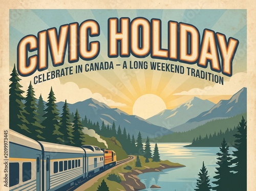 Vintage Civic Holiday travel poster with train mountains and sunrise celebrate in Canada