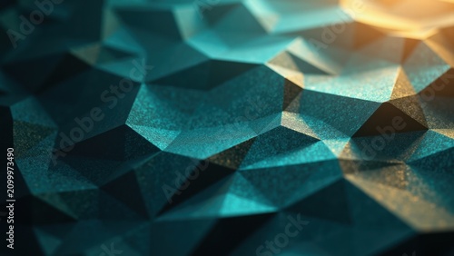 Abstract geometric pattern with deep teal and warm gold tones. Faceted shapes create dynamic, modern texture. Light plays across surfaces, adding depth and contrast. Ideal for digital design, branding
