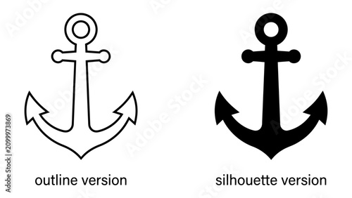 Foto Anchor Icon Set: A clean graphic collection featuring an anchor in both outline and silhouette styles, representing maritime themes and stability