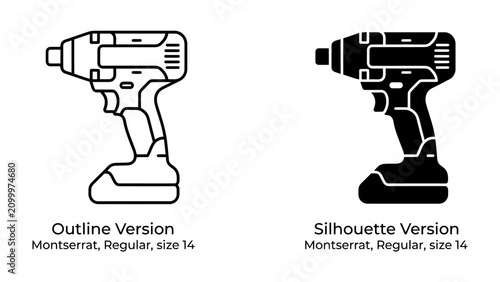 Impact Driver Icons: A set of two vector icons depicting an impact driver in both outline and silhouette versions, representing tools for construction and repair.