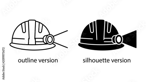 Quadro su tela Hard Hat Icon: A graphic representation of a hard hat, featuring both an outline and a silhouette version, complete with a built-in headlamp for illumination in dark environments
