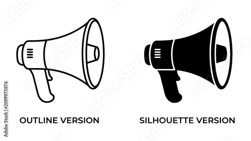 Картината върху платно Megaphone Icon Set: A clean graphic representation of a megaphone in both outline and silhouette versions, symbolizing communication, announcement, and public address
