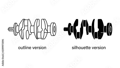 Foto Crankshaft Outline and Silhouette: A mechanical diagram showcasing an engine crankshaft in both an outline version and a solid silhouette version