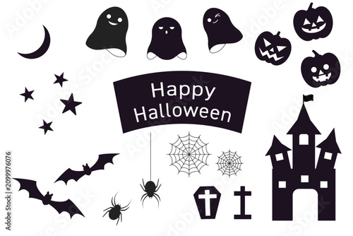 タイトル	ハロウィンのアイコン・シルエット素材セット（おばけ・かぼちゃ・コウモリ・お城・クモの巣）