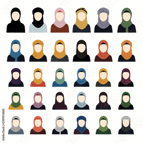 Принти на полотні Diverse Women Wearing Colorful Hijabs in Grid Layout Illustration