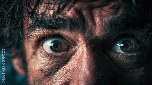 Man's wide open eyes showing extreme fear, shock, and anxiety, with a dramatic, intense expression