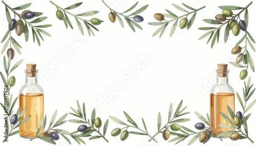 Принти на полотні Olive Oil Bottles Framed by Olive Branches on White Background