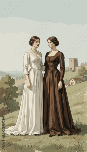 Two Women in Vintage Gowns Standing on Grassy Hillside Near Castle Ruins