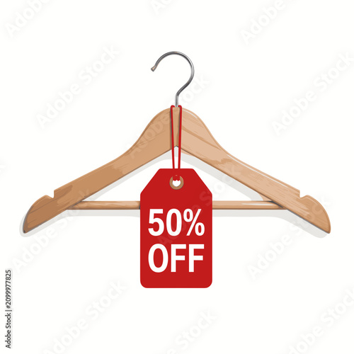 Wooden Hanger with Red 50 Percent Off Discount Tag