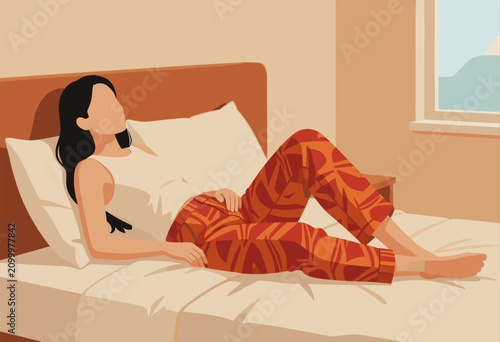 Woman Relaxing on Bed in Cozy Bedroom Setting, Illustration