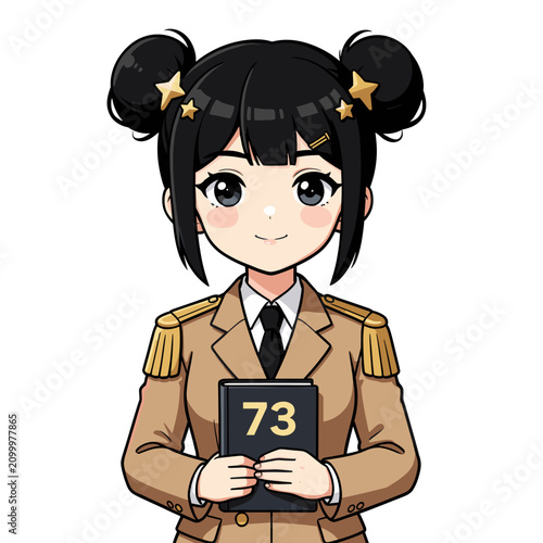 Young Girl in Military Uniform Holding Book with Number Seventy Three