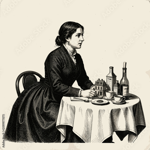 Woman Seated at Table with Bottles and Miniature House Illustration