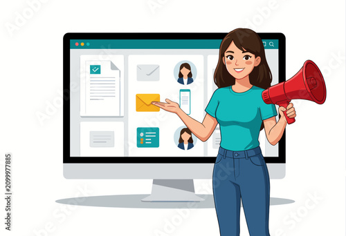 Young Woman Holding Megaphone Gesturing at Computer Screen Displaying Email Icons
