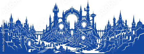 Fantasy castle city silhouette spanning across cliffs with circular portals on transparent background