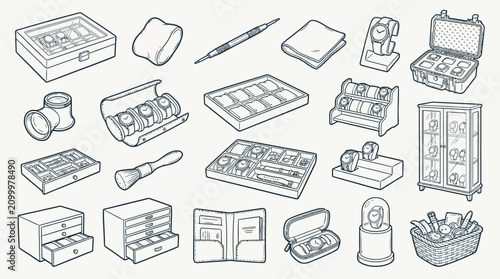 Tableau sur toile Collection of watch display cases, storage boxes, and accessories for timepieces