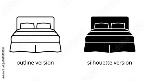 Quadro su tela Bed Icon Set: A clear illustration presents two contrasting icons of a bed, one in outline and the other in silhouette, representing a double bed with pillows and a headboard