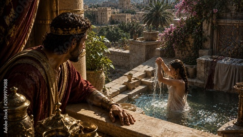 King David Observing Bathsheba Bathing – 2 Samuel 11:1–5, A Biblical Scene in Ancient Jerusalem, Christian Illustration