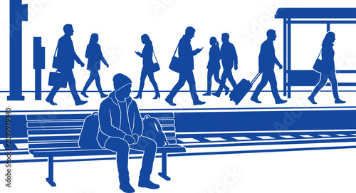 Silhouettes of passengers waiting on a train platform while one person sits on bench